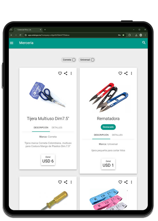 Vista del catálogo en una tablet